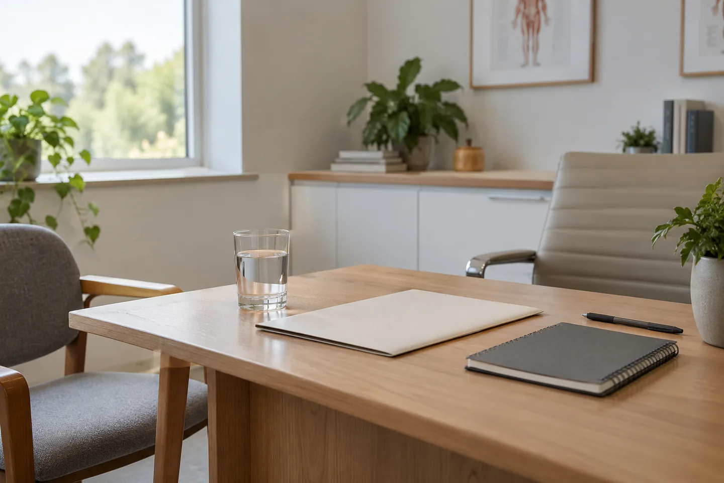 Un bureau de consultation calme, dossier vierge, verre d&rsquo;eau et carnet sans inscription. Illustration g&eacute;n&eacute;r&eacute;e par IA.