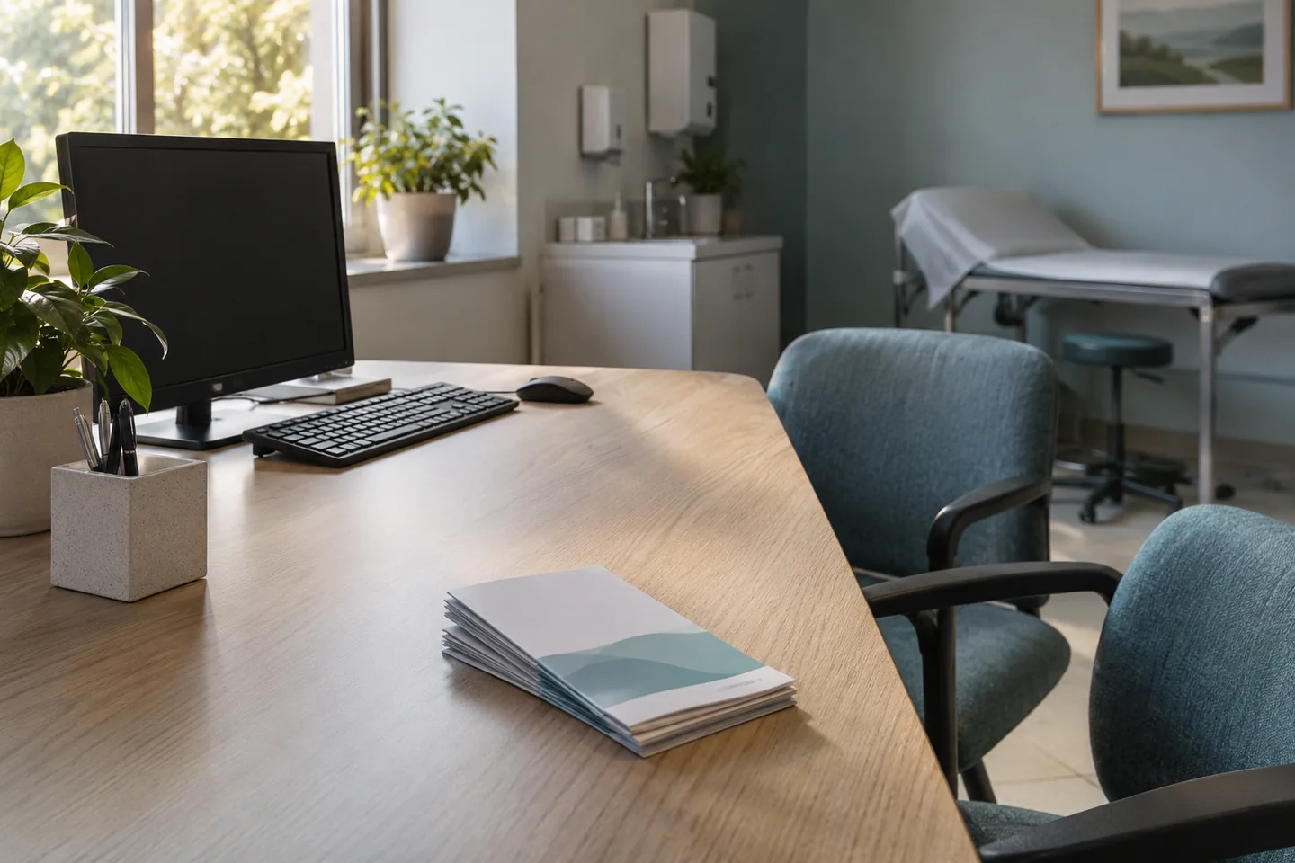 Un cabinet de conseil sanitaire sans patients, brochures sans texte et poste informatique &eacute;teint. Illustration g&eacute;n&eacute;r&eacute;e par IA.
