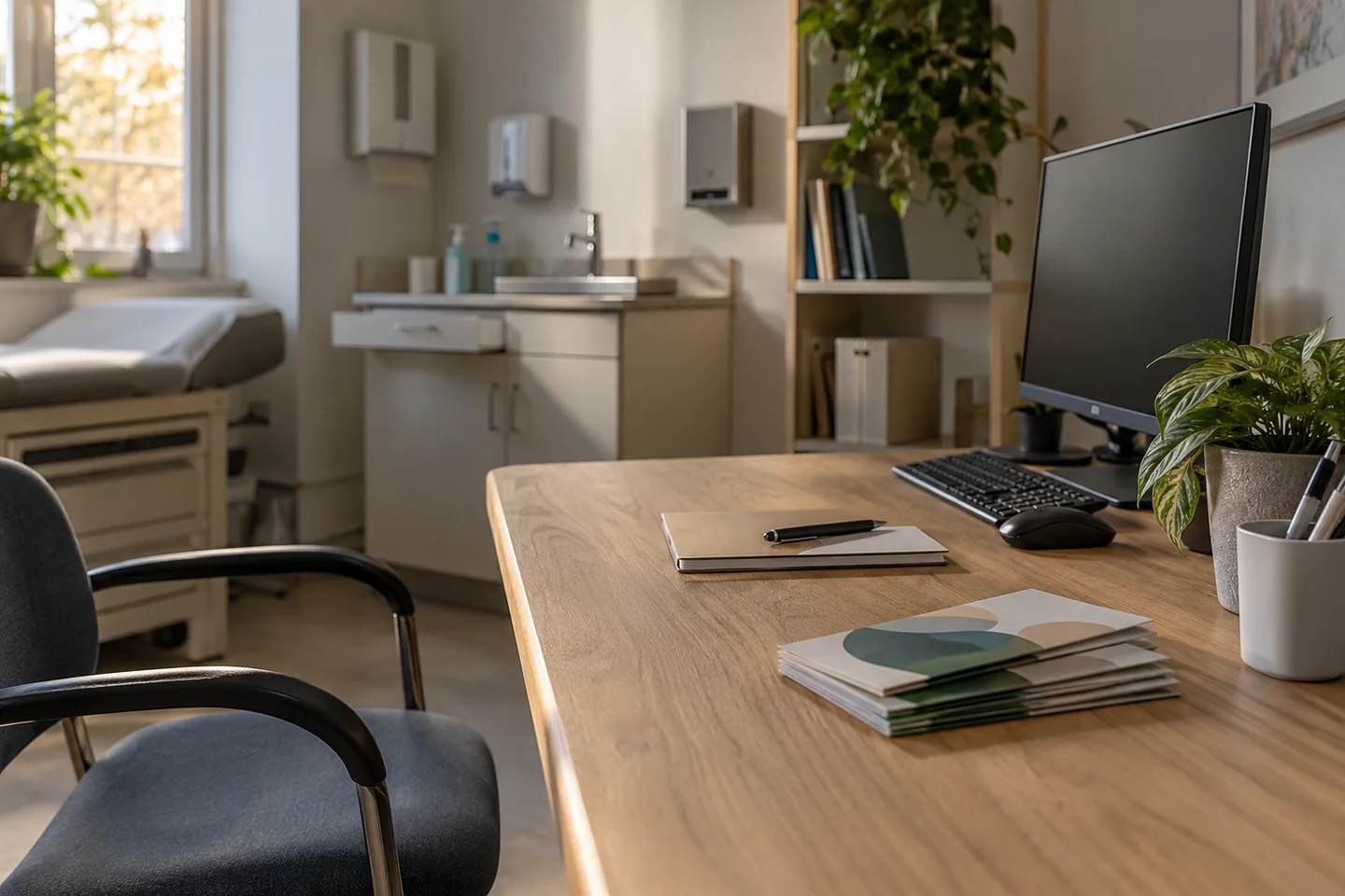 Un cabinet de conseil sanitaire sans patients, brochures sans texte et poste informatique &eacute;teint. Illustration g&eacute;n&eacute;r&eacute;e par IA.