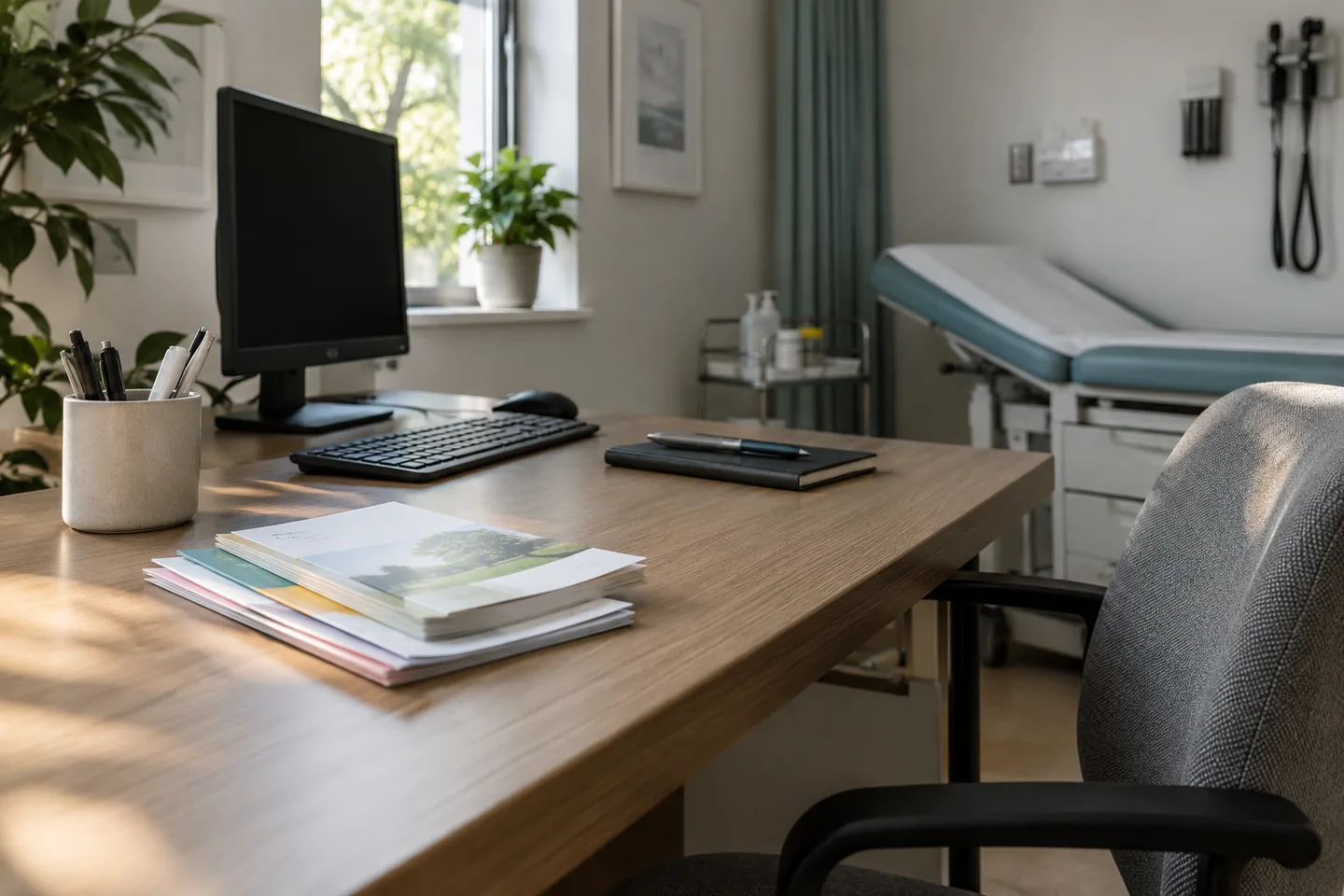 Un cabinet de conseil sanitaire sans patients, brochures sans texte et poste informatique &eacute;teint. Illustration g&eacute;n&eacute;r&eacute;e par IA.
