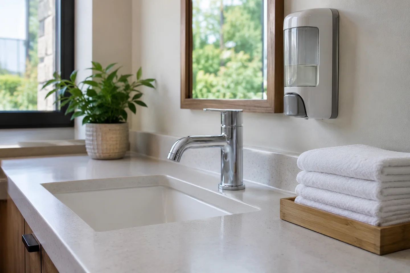 Un espace propre de lavage des mains, savon et serviettes propres, sans personne. Illustration g&eacute;n&eacute;r&eacute;e par IA.