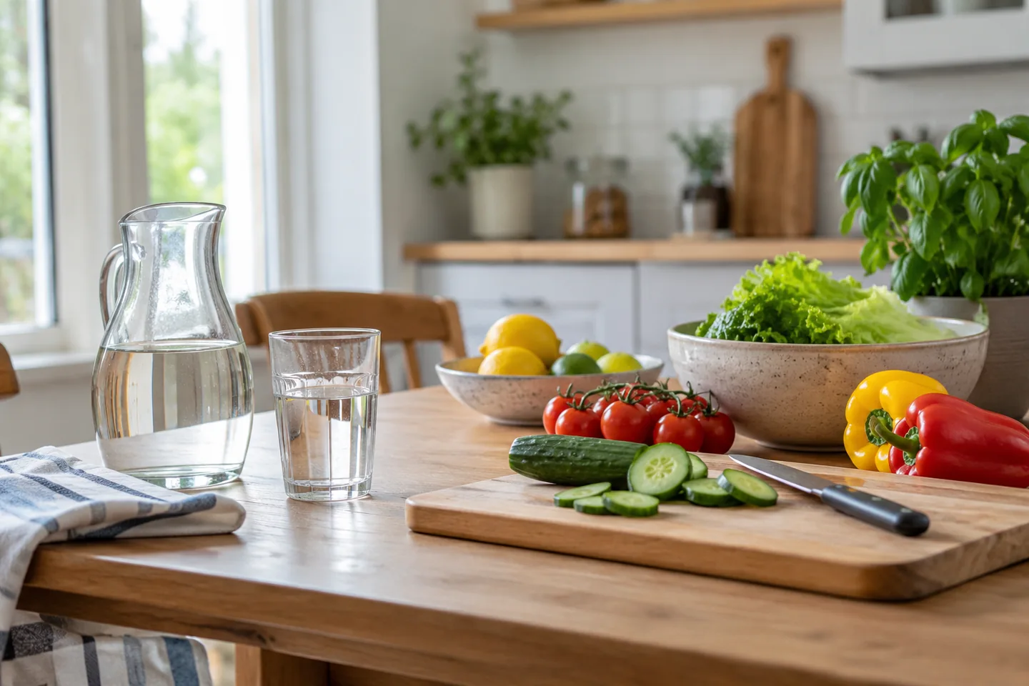 Une table de cuisine propre avec eau potable, aliments lav&eacute;s et planche propre. Illustration g&eacute;n&eacute;r&eacute;e par IA.