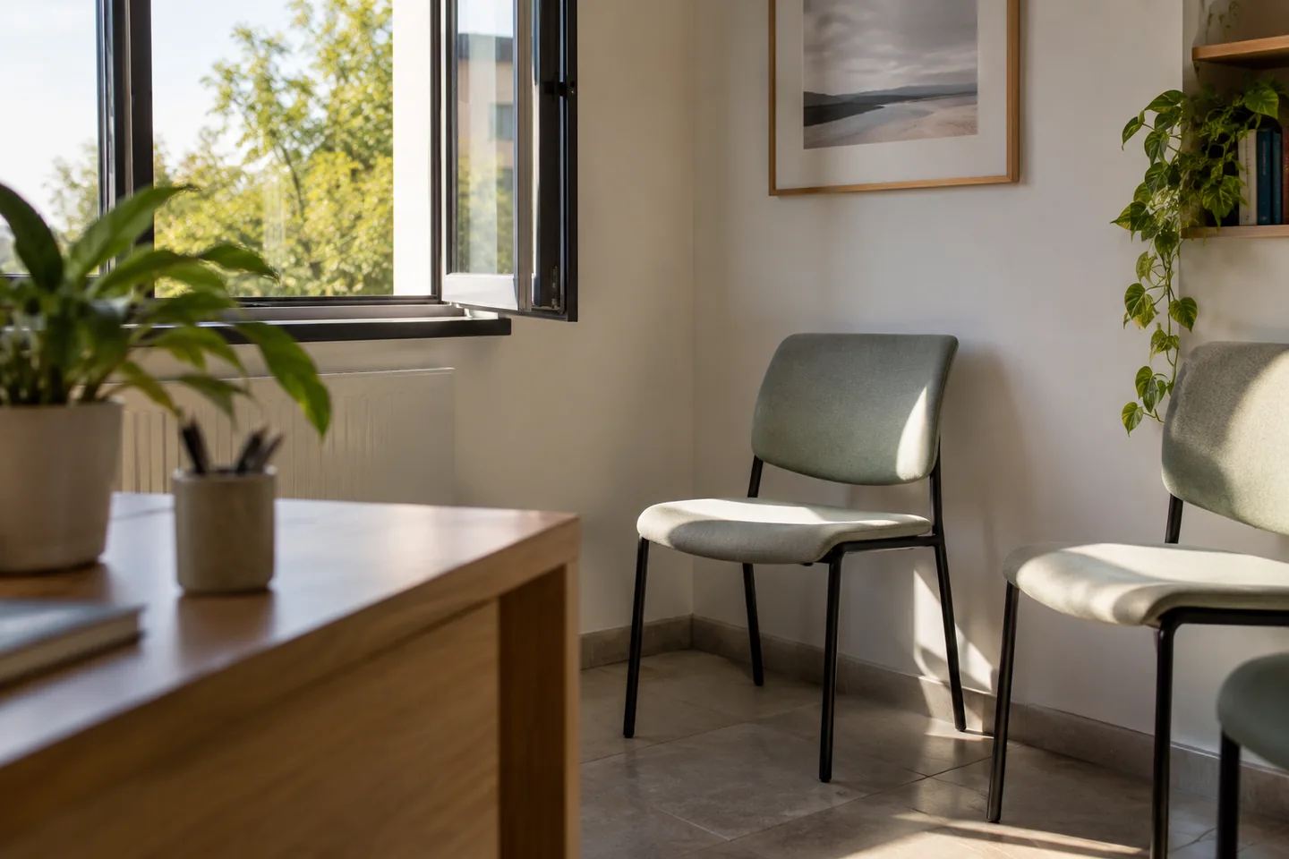 Une fen&ecirc;tre ouverte dans une salle de consultation vide, lumi&egrave;re naturelle et fauteuils espac&eacute;s. Illustration g&eacute;n&eacute;r&eacute;e par IA.