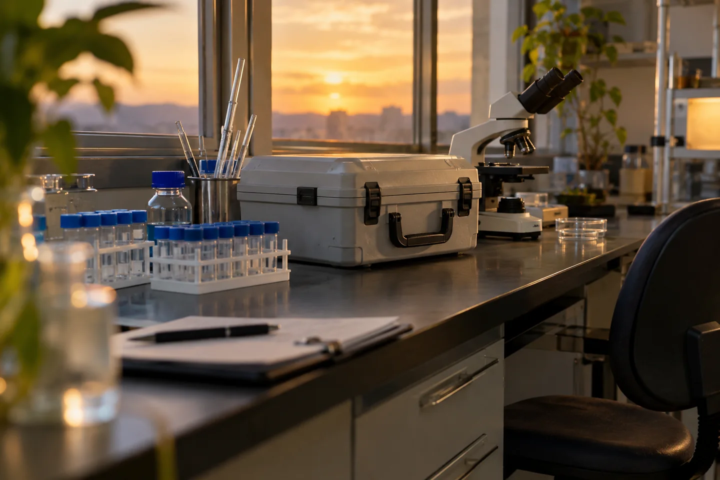 Du mat&eacute;riel ferm&eacute; de pr&eacute;l&egrave;vement environnemental dans un laboratoire rang&eacute;. Illustration g&eacute;n&eacute;r&eacute;e par IA.