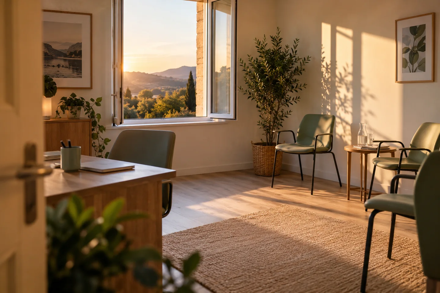 Une fen&ecirc;tre ouverte dans une salle de consultation vide, lumi&egrave;re naturelle et fauteuils espac&eacute;s. Illustration g&eacute;n&eacute;r&eacute;e par IA.