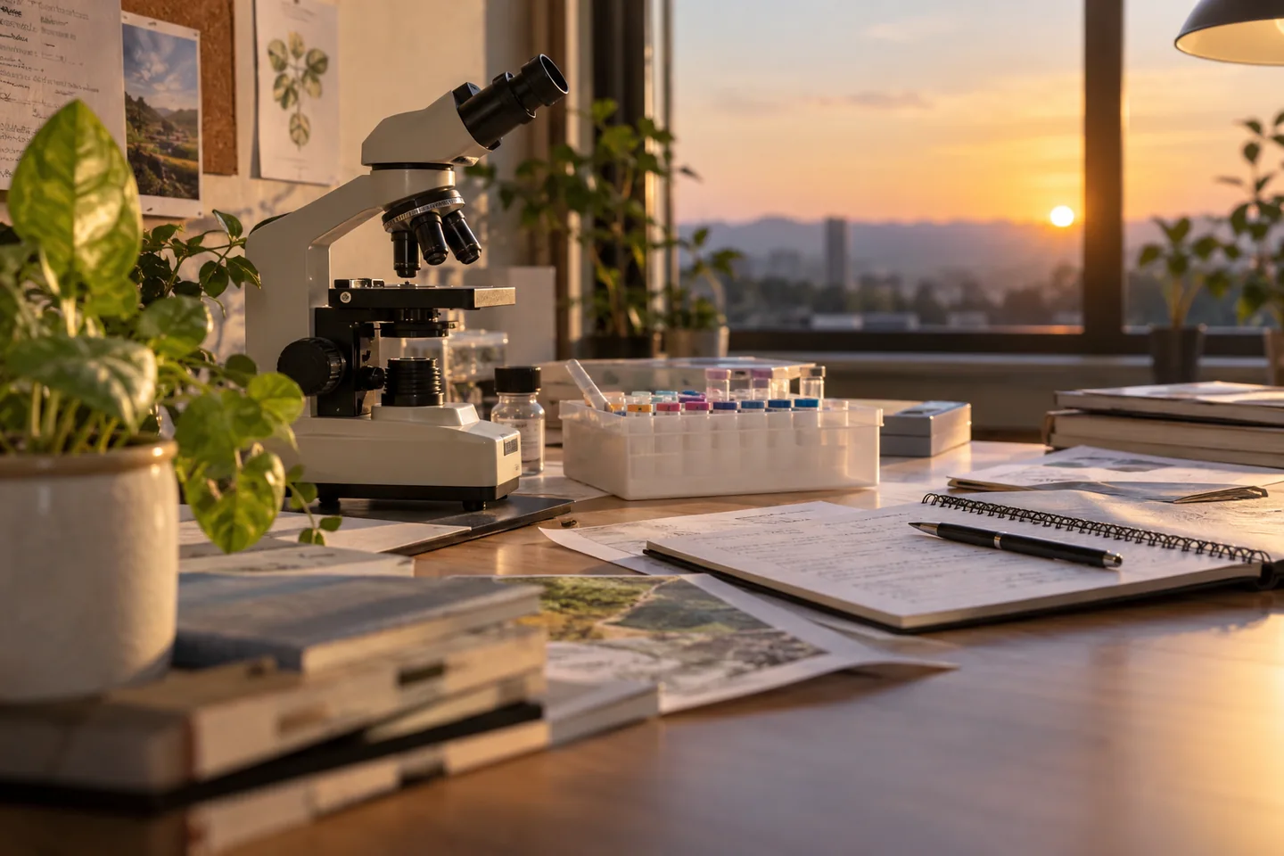 Un espace de recherche avec microscope, bo&icirc;te de rangement et documents non identifiables. Illustration g&eacute;n&eacute;r&eacute;e par IA.