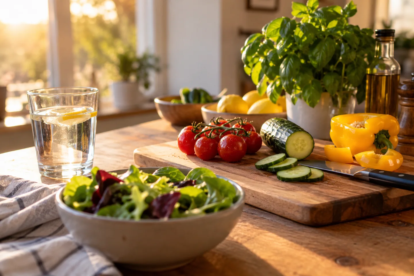 Une table de cuisine propre avec eau potable, aliments lav&eacute;s et planche propre. Illustration g&eacute;n&eacute;r&eacute;e par IA.