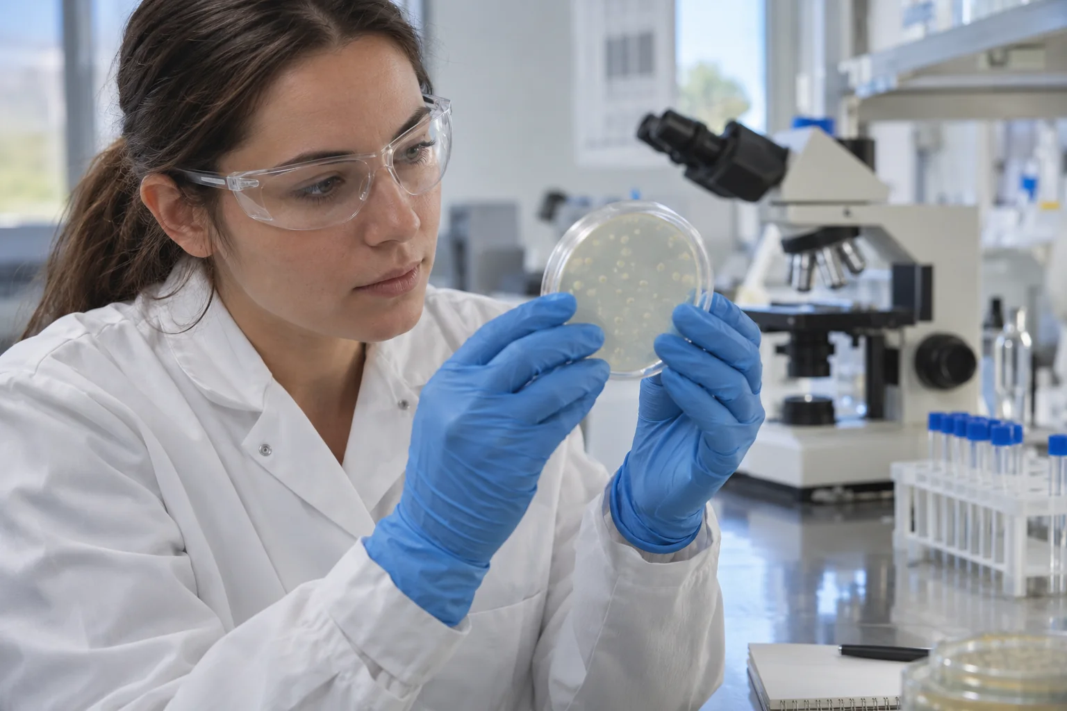 Observation d&rsquo;une bo&icirc;te de culture ferm&eacute;e dans un laboratoire fictif. Illustration g&eacute;n&eacute;r&eacute;e par IA.