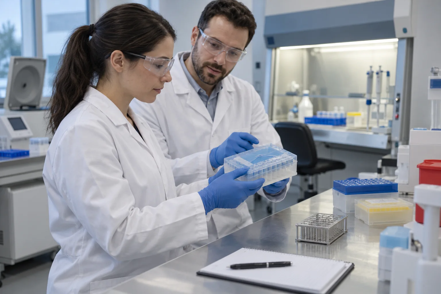 Deux professionnels examinent un portoir ferm&eacute; dans un laboratoire. Illustration g&eacute;n&eacute;r&eacute;e par IA.