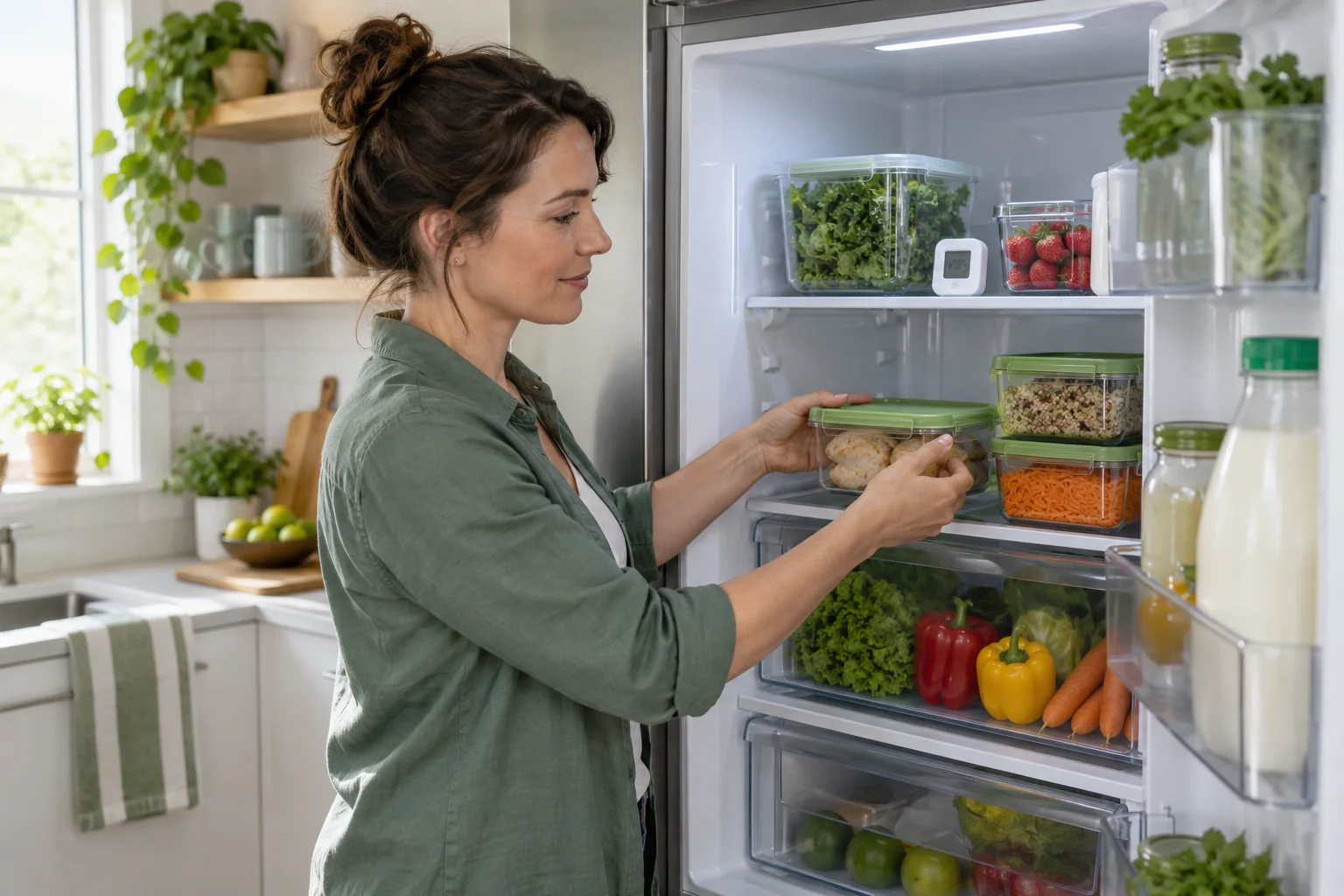 Rangement de contenants alimentaires ferm&eacute;s dans un r&eacute;frig&eacute;rateur. Illustration g&eacute;n&eacute;r&eacute;e par IA.