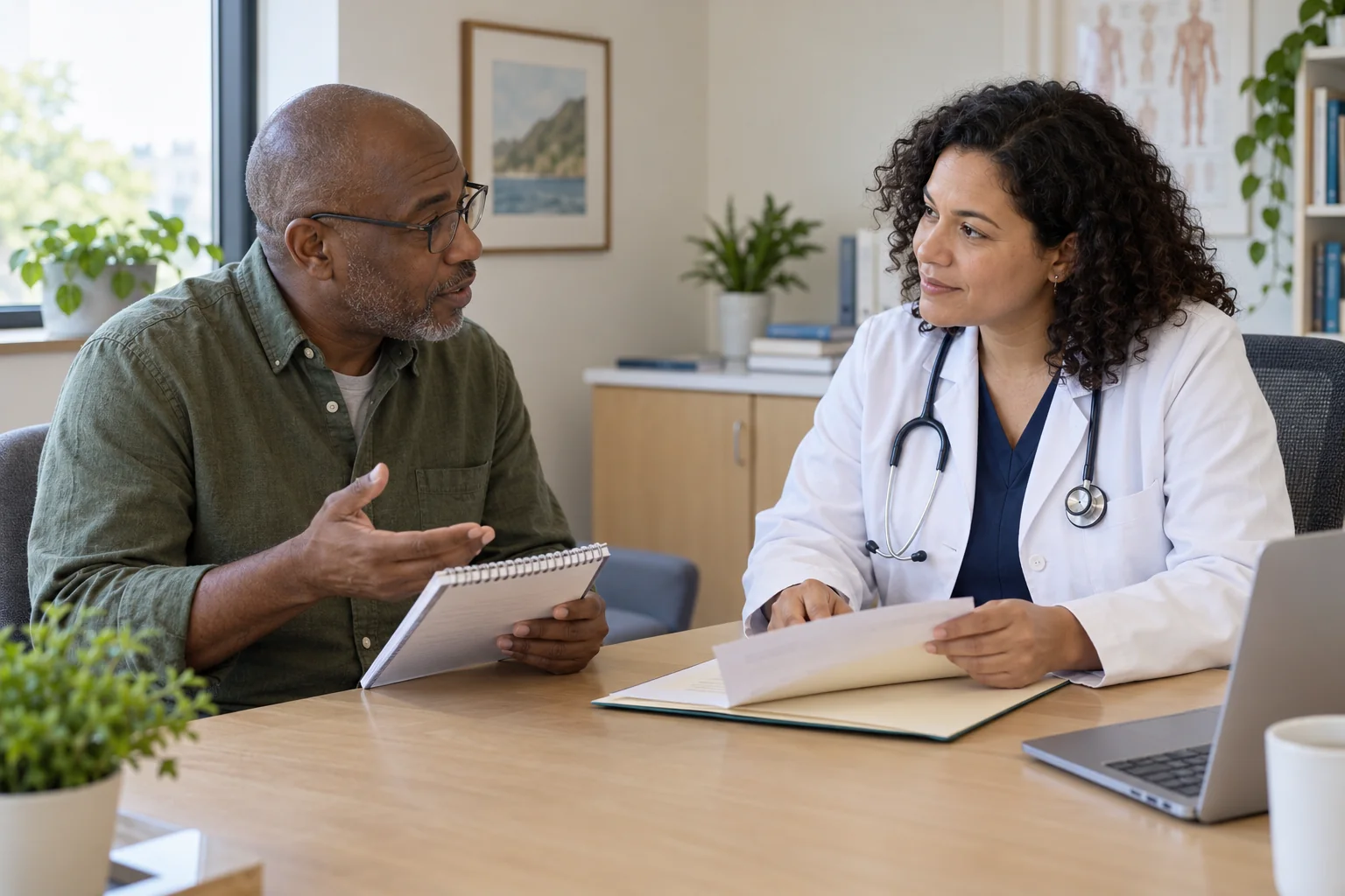 &Eacute;change entre un patient et une professionnelle de sant&eacute; autour de documents. Illustration g&eacute;n&eacute;r&eacute;e par IA.