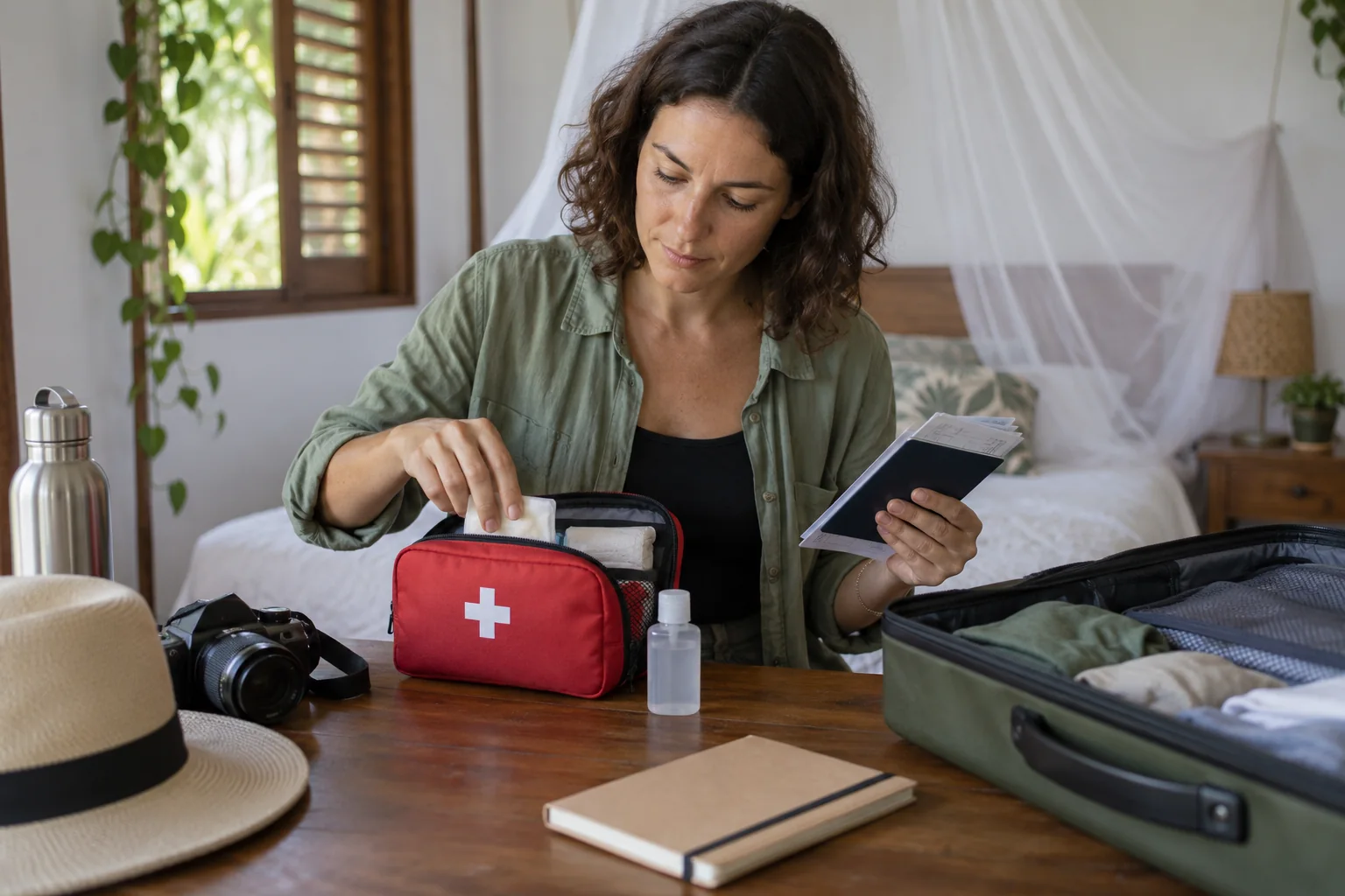 Une voyageuse pr&eacute;pare une trousse et ses documents pr&egrave;s d&rsquo;une valise. Illustration g&eacute;n&eacute;r&eacute;e par IA.