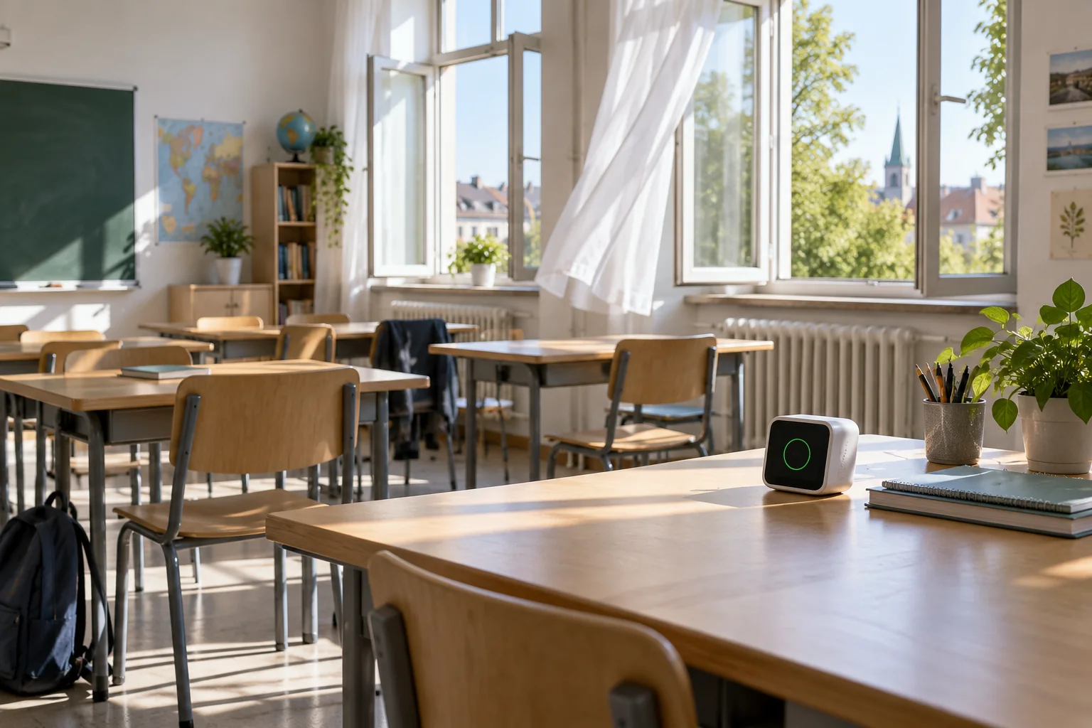 Salle de classe avec fen&ecirc;tres ouvertes et appareil de mesure sur un bureau. Illustration g&eacute;n&eacute;r&eacute;e par IA.