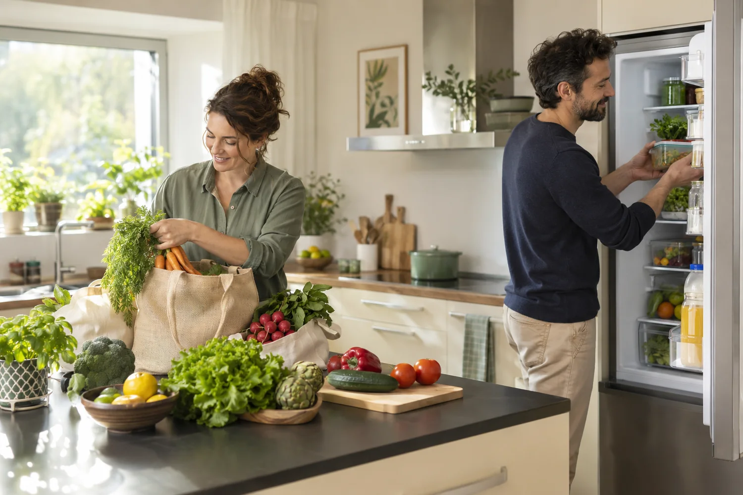 Deux adultes rangent des aliments et des produits frais dans une cuisine. Illustration g&eacute;n&eacute;r&eacute;e par IA.