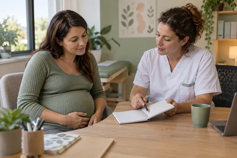 Une femme enceinte échange avec une professionnelle de santé autour d’un carnet. Illustration générée par IA.