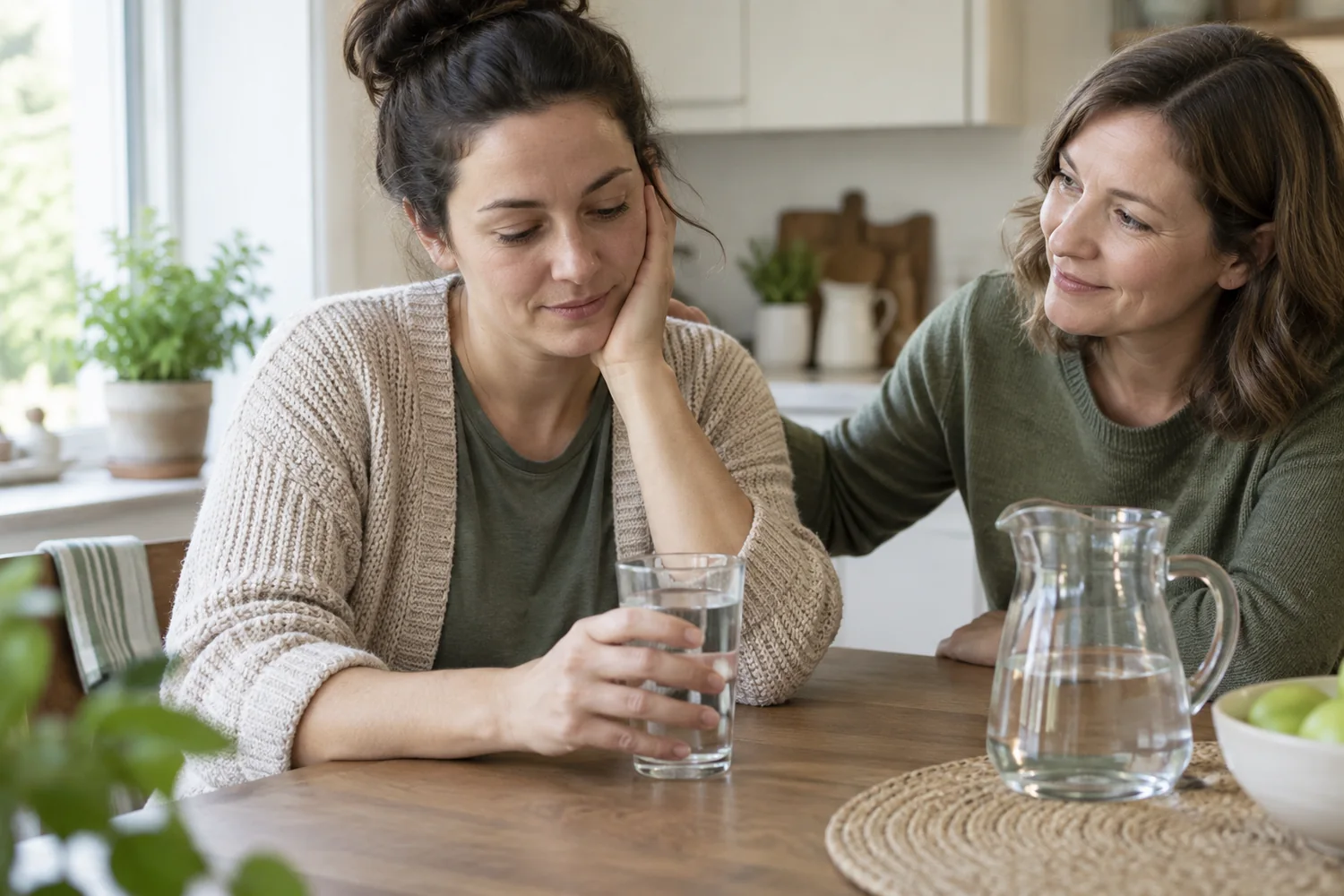 Une personne se repose avec un verre d&rsquo;eau, accompagn&eacute;e d&rsquo;un proche. Illustration g&eacute;n&eacute;r&eacute;e par IA.