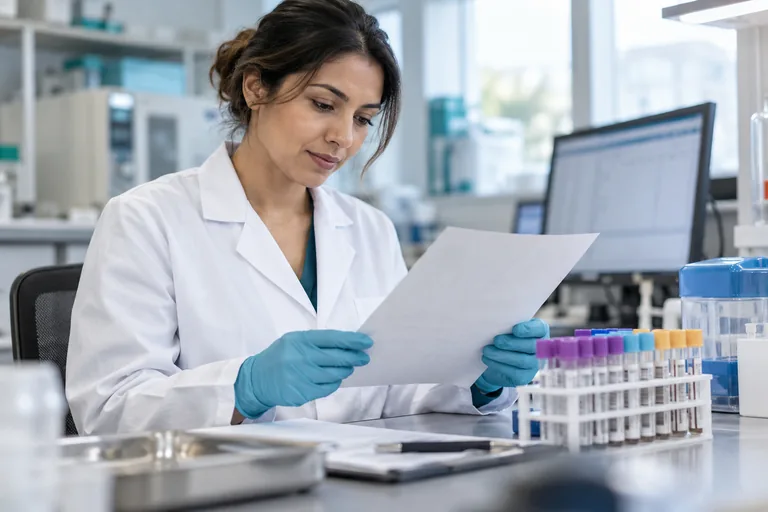 Une professionnelle relit un document à côté de tubes fermés dans un laboratoire. Illustration générée par IA.