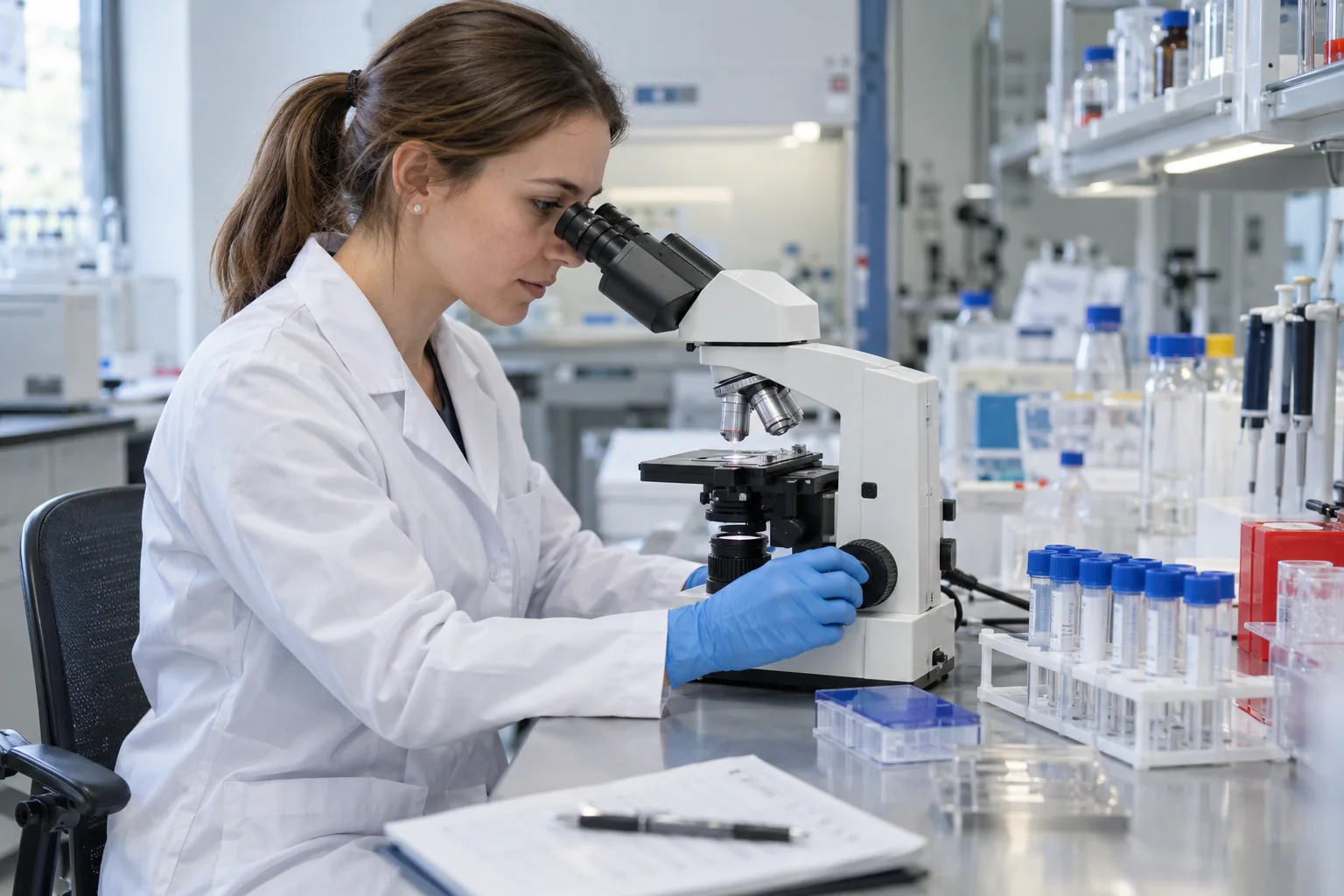 Biologiste travaillant au microscope dans un laboratoire. Illustration g&eacute;n&eacute;r&eacute;e par IA.