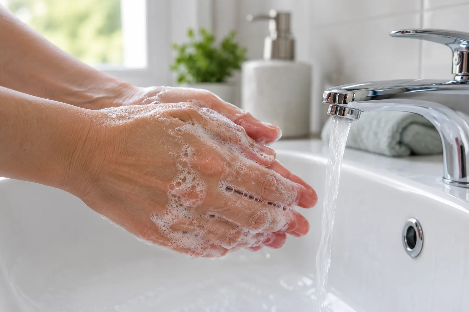 Deux mains savonn&eacute;es frott&eacute;es l&rsquo;une contre l&rsquo;autre au lavabo. Illustration g&eacute;n&eacute;r&eacute;e par IA.