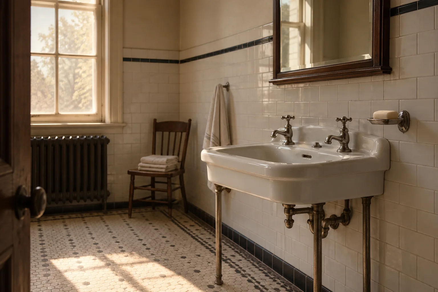 Reconstitution d&rsquo;un espace de lavage des mains d&rsquo;autrefois. Illustration g&eacute;n&eacute;r&eacute;e par IA.
