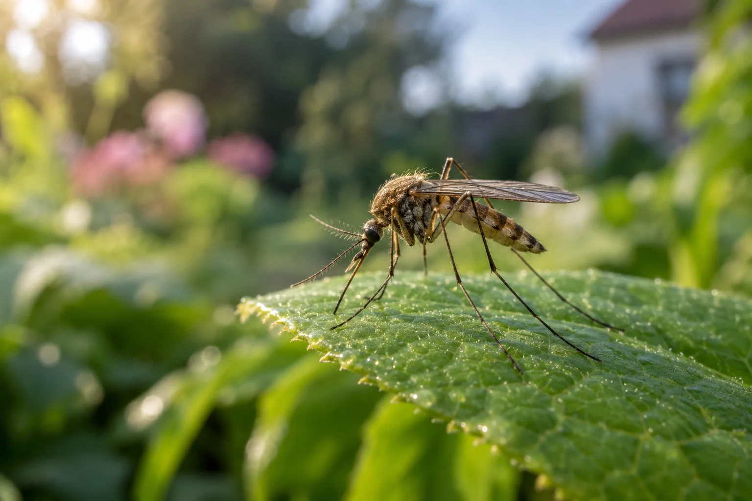 Moustique pos&eacute; sur une feuille dans un jardin. Illustration g&eacute;n&eacute;r&eacute;e par IA.