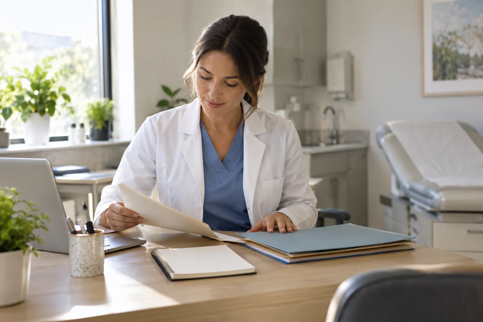 Professionnelle de sant&eacute; pr&eacute;parant un entretien de pr&eacute;vention. Illustration g&eacute;n&eacute;r&eacute;e par IA.