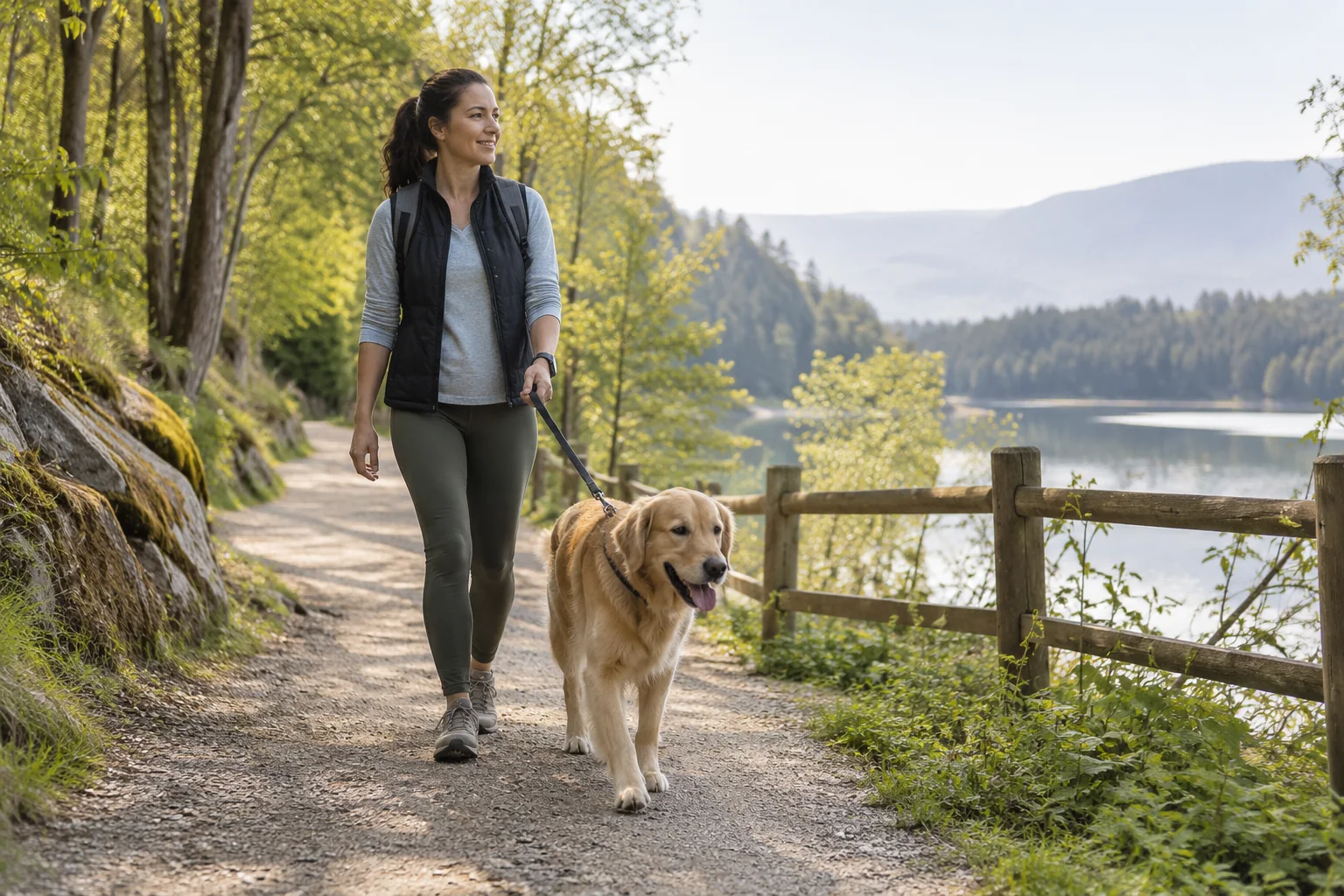 Promeneur gardant son chien en laisse sur un chemin. Illustration g&eacute;n&eacute;r&eacute;e par IA.