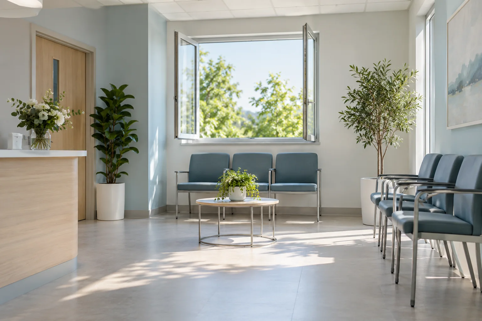 Salle de consultation lumineuse avec une fen&ecirc;tre ouverte. Illustration g&eacute;n&eacute;r&eacute;e par IA.