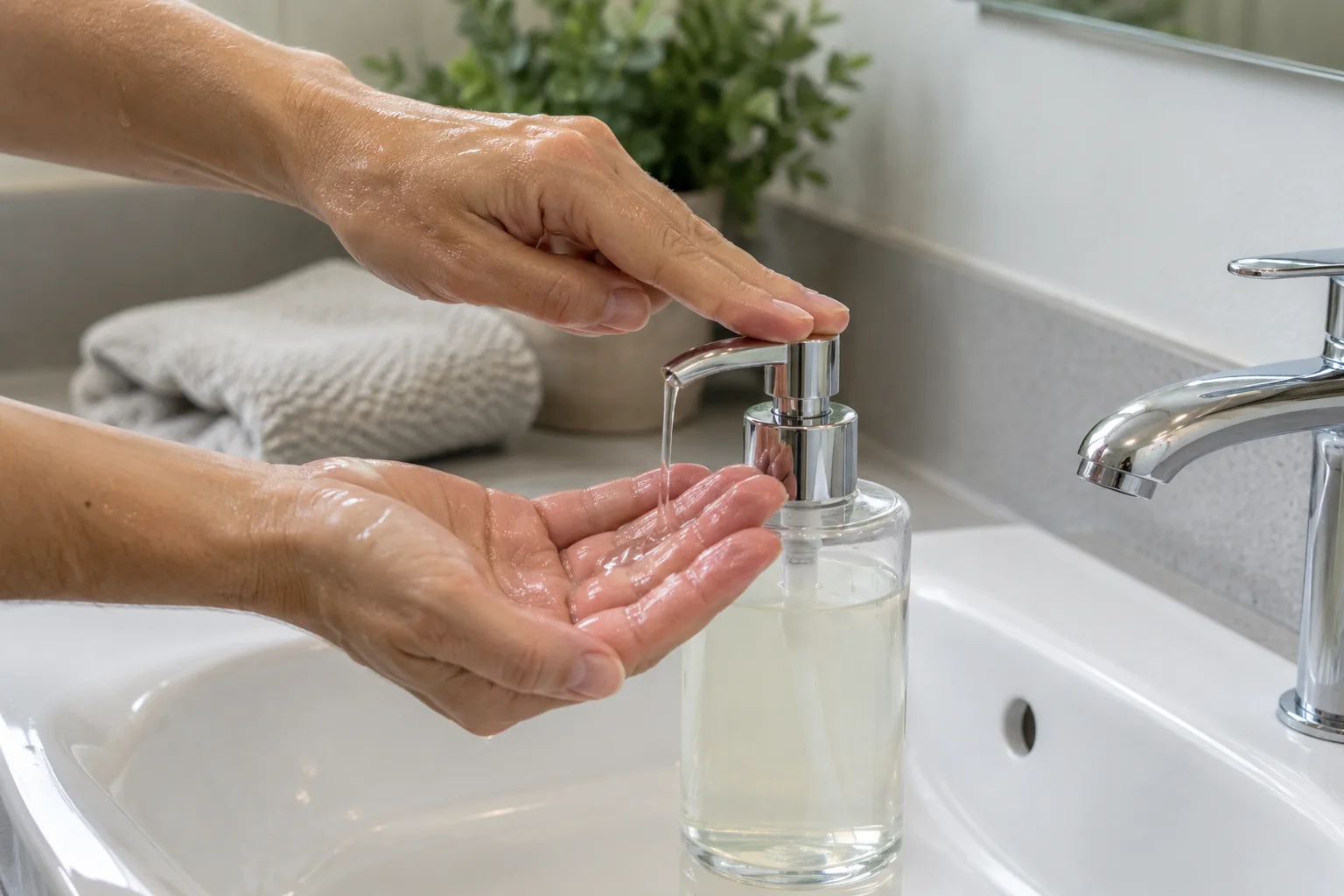 Mains mouill&eacute;es recevant du savon pr&egrave;s d&rsquo;un lavabo. Illustration g&eacute;n&eacute;r&eacute;e par IA.