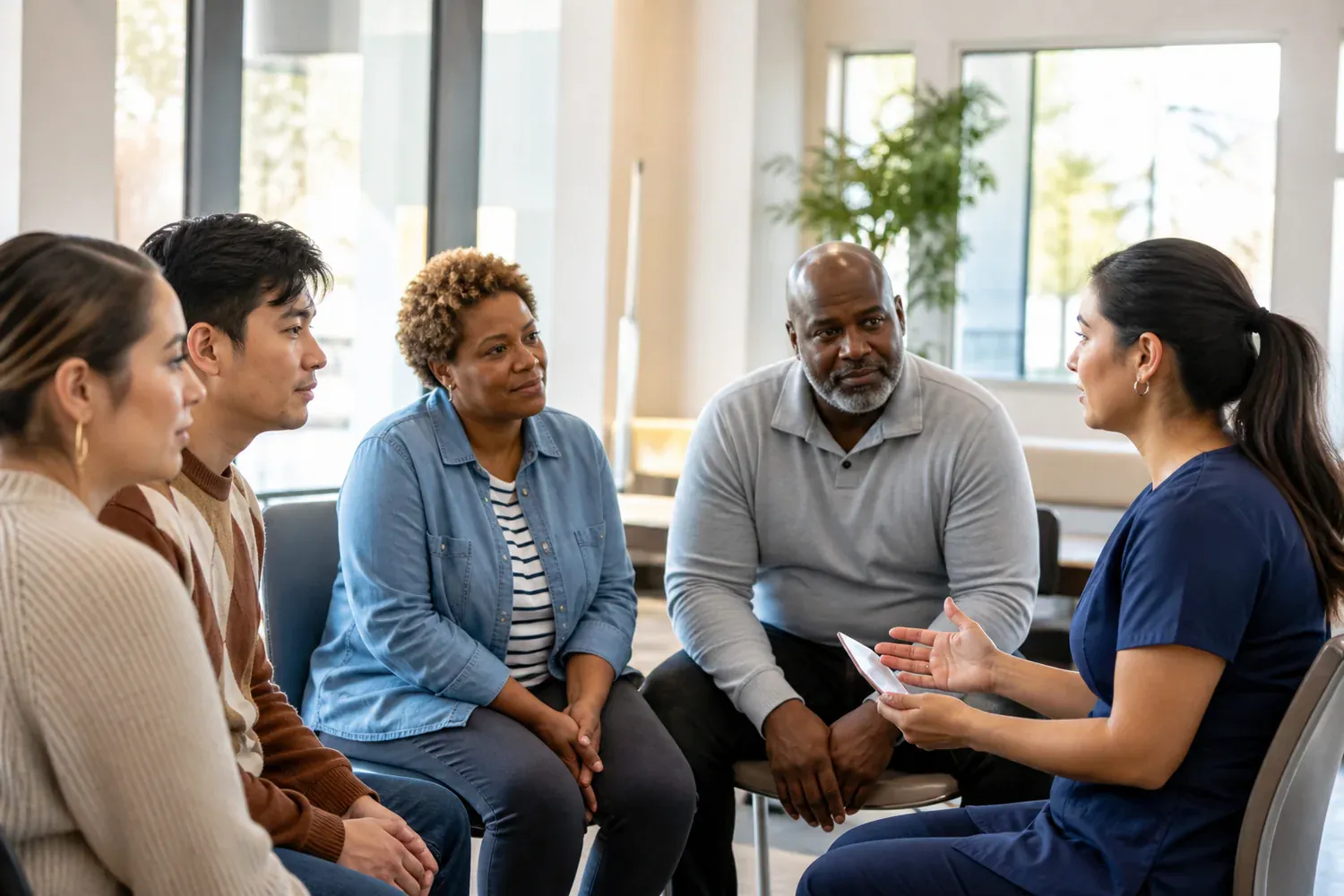 &Eacute;ducatrice de sant&eacute; discutant de vaccination avec des adultes dans un centre de quartier