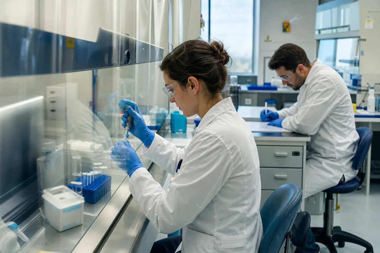 Chercheuse manipulant des tubes scell&eacute;s sous un poste de s&eacute;curit&eacute; microbiologique