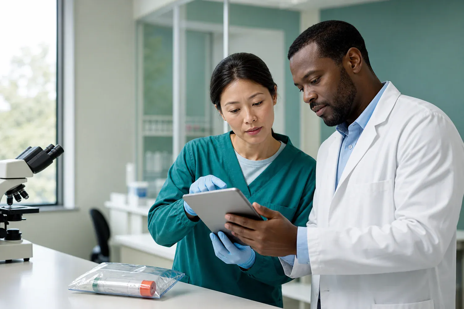 Clinicien et sp&eacute;cialiste de laboratoire interpr&eacute;tant ensemble des r&eacute;sultats diagnostiques
