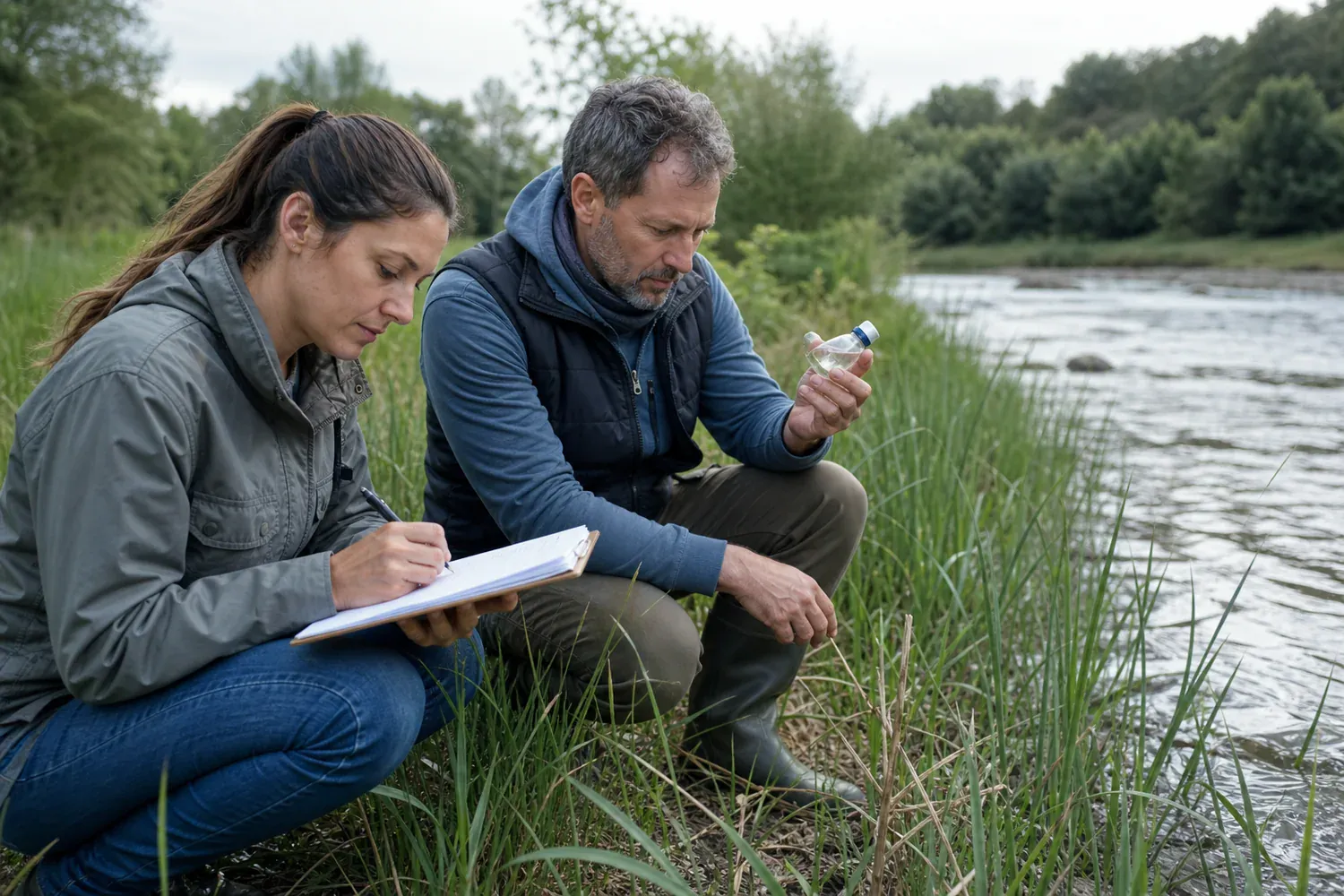 Scientifiques observant la qualit&eacute; d&rsquo;une rivi&egrave;re et de ses abords