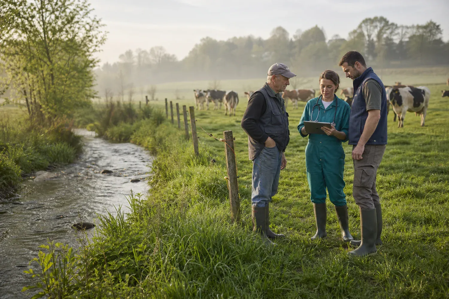 V&eacute;t&eacute;rinaire, agriculteurs et troupeau dans une prairie bord&eacute;e d&rsquo;un cours d&rsquo;eau