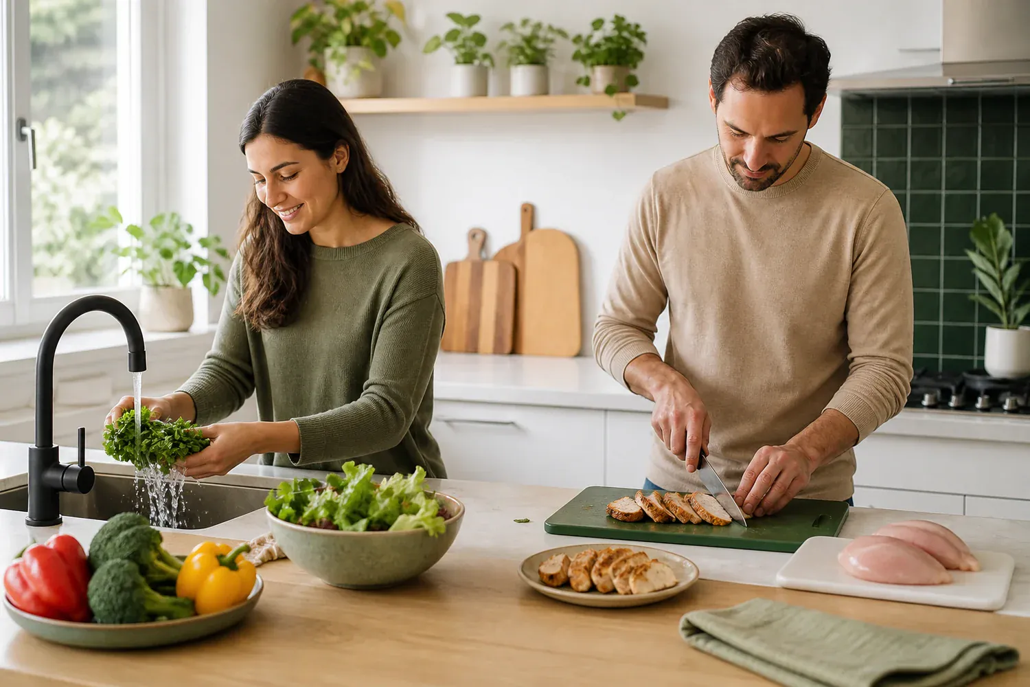 Deux adultes pr&eacute;parant un repas avec des surfaces et des aliments s&eacute;par&eacute;s
