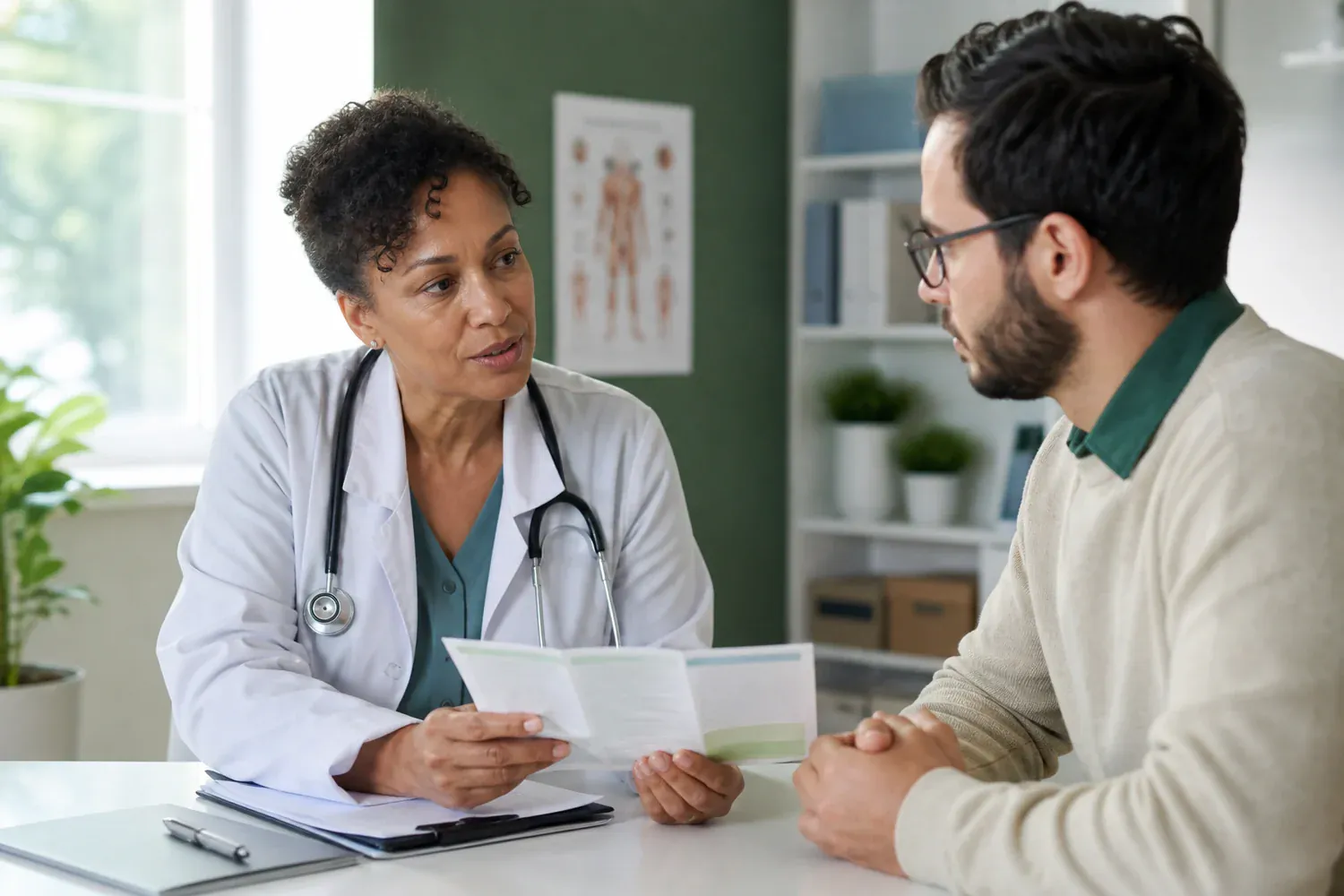 Professionnelle de sant&eacute; expliquant une pr&eacute;vention vaccinale &agrave; un patient adulte