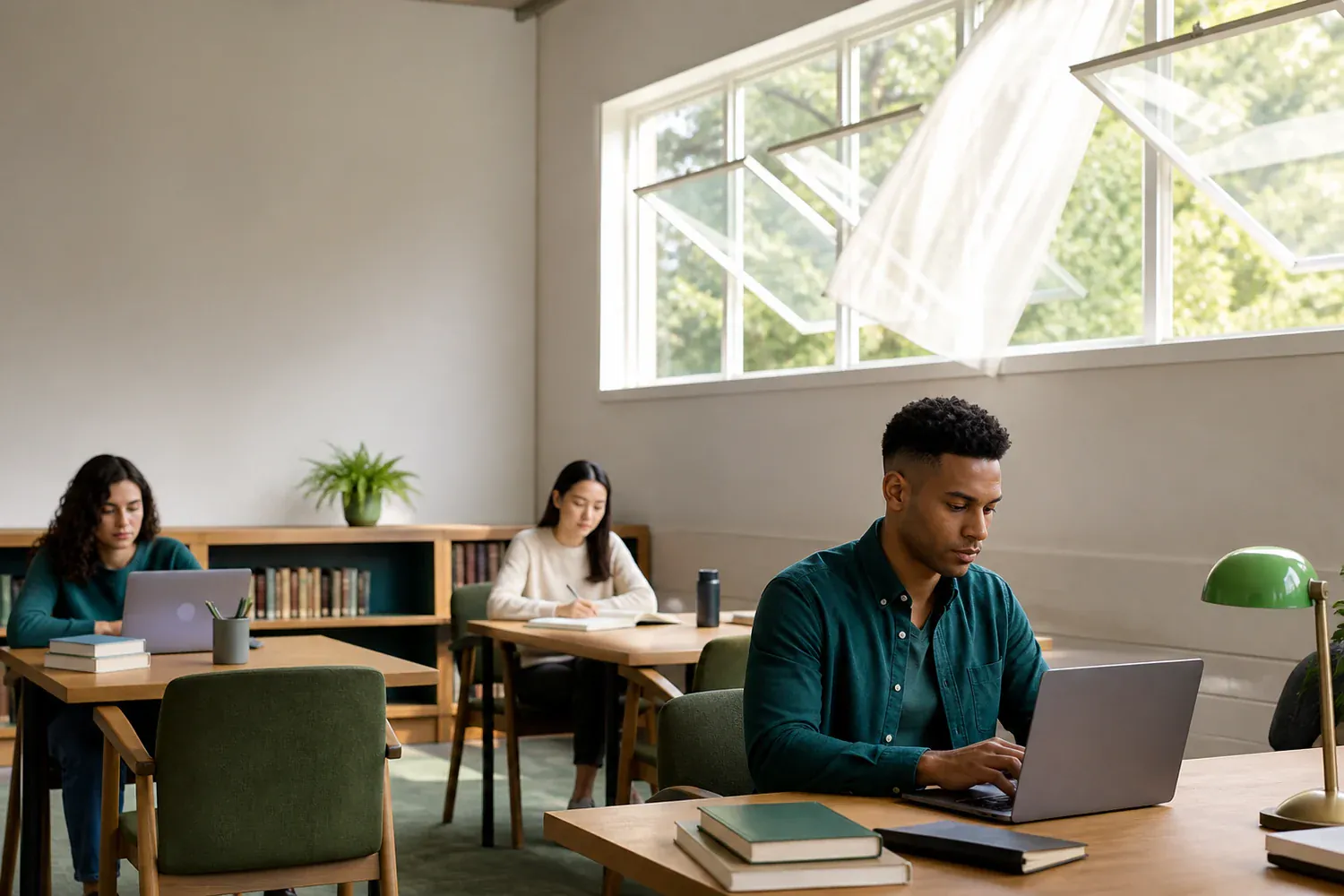 Salle d&rsquo;&eacute;tude a&eacute;r&eacute;e o&ugrave; plusieurs personnes travaillent avec des fen&ecirc;tres ouvertes