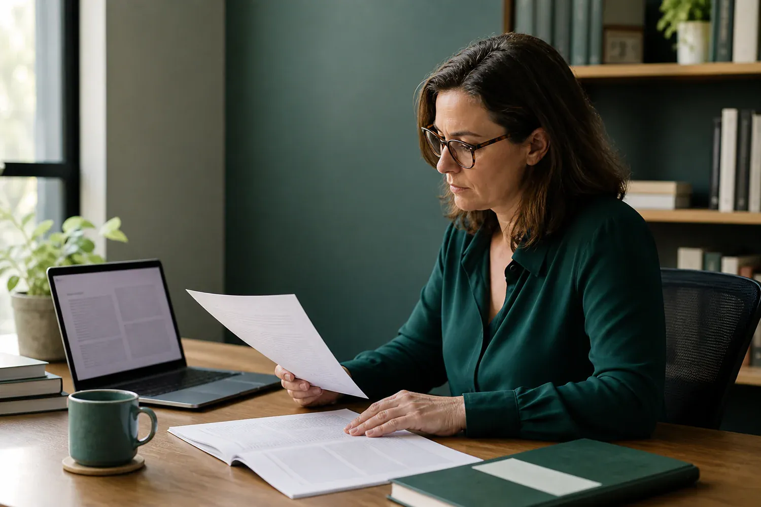 Éditrice vérifiant des sources documentaires pour les dossiers du site